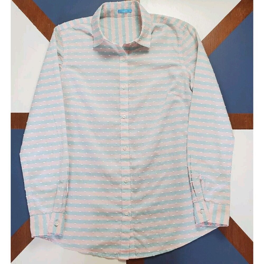 J. Mclaughlin Button Up Shirt Womens Small‎ Blue Pink Stripes Cotton Swiss Dot
